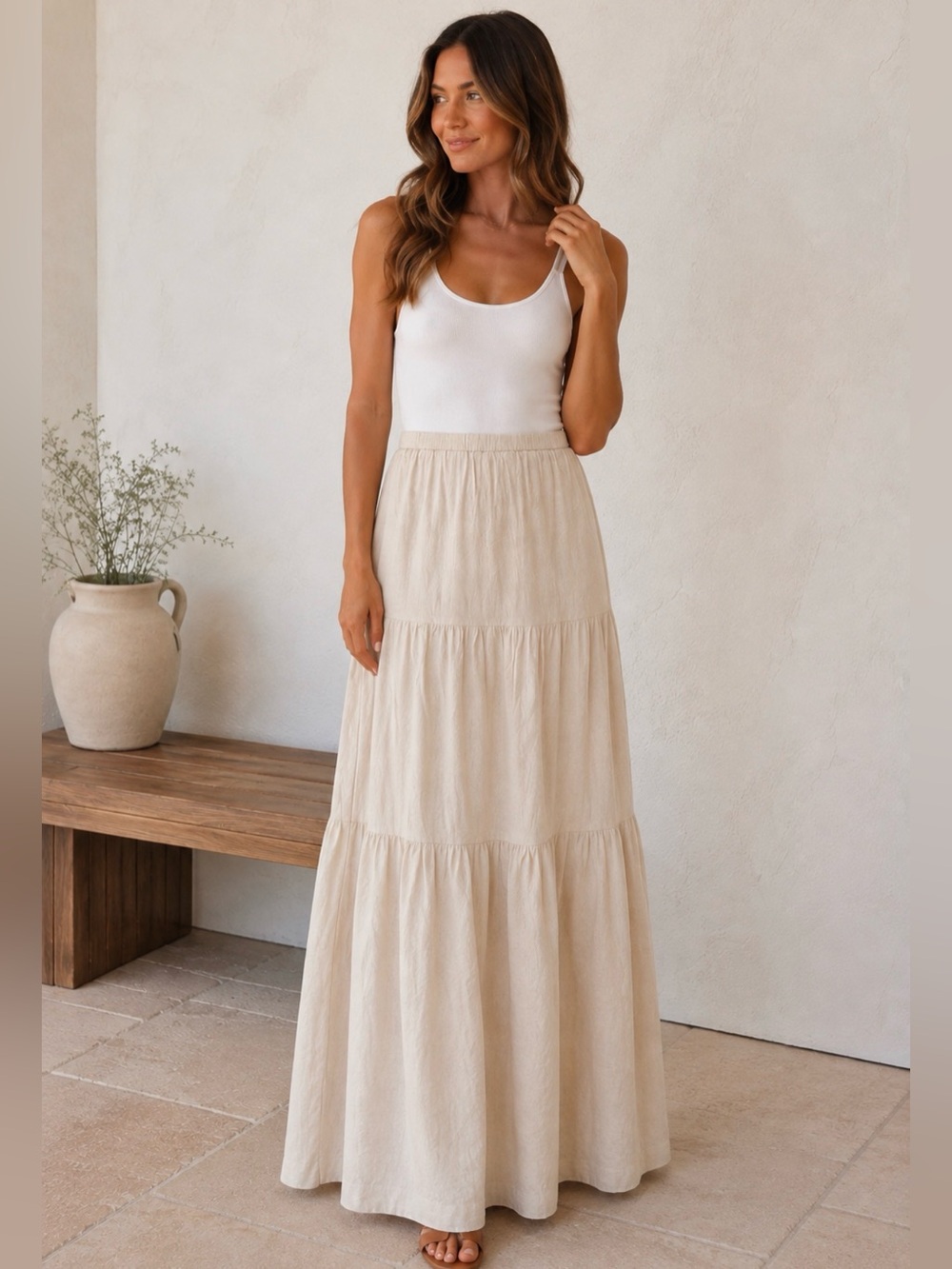 Skirt- Rachel Zoe Cream Linen Blend Tiered Skirt